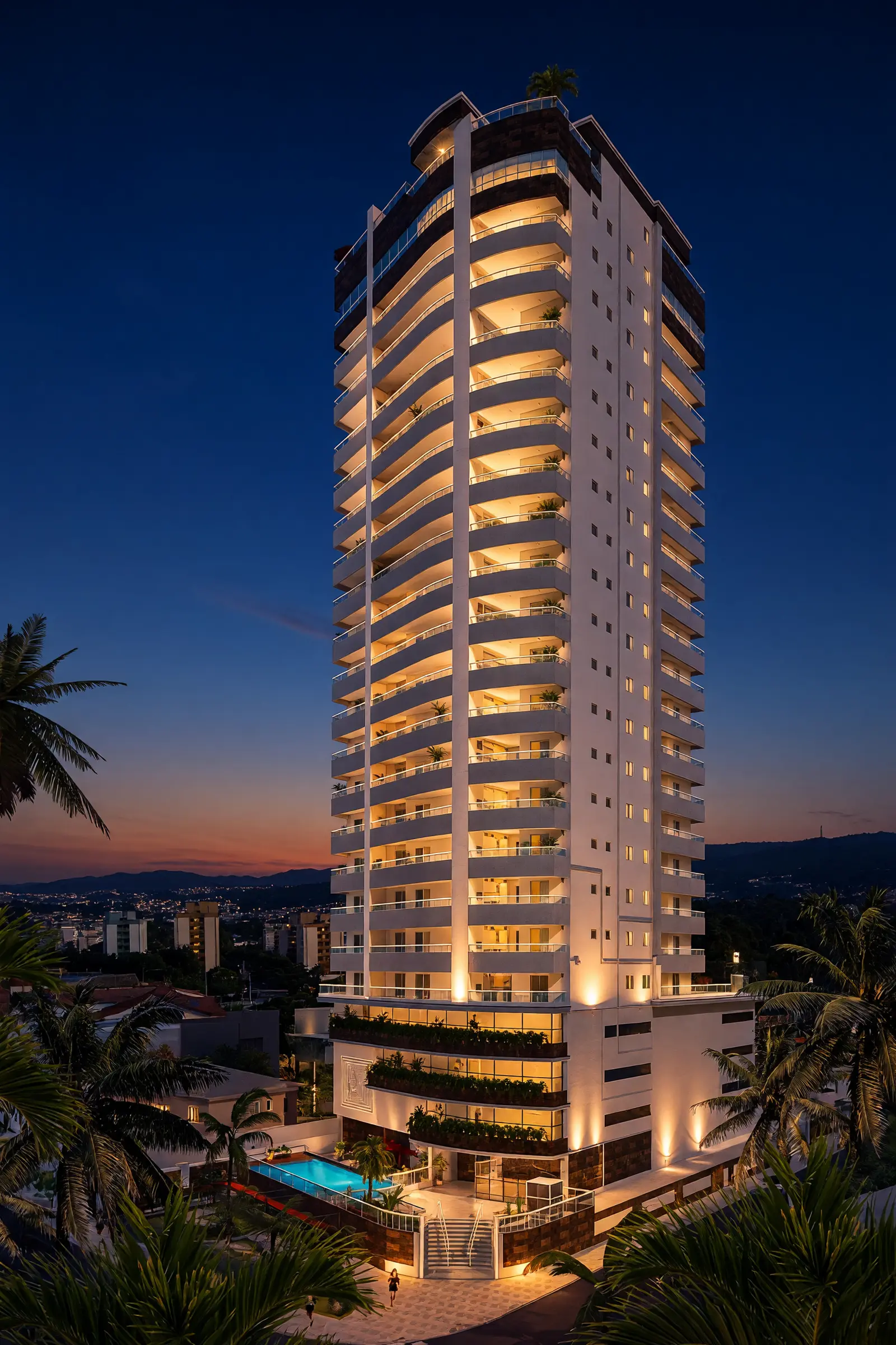 Fachada do Residencial Porto Marina ao anoitecer, com as varandas iluminadas